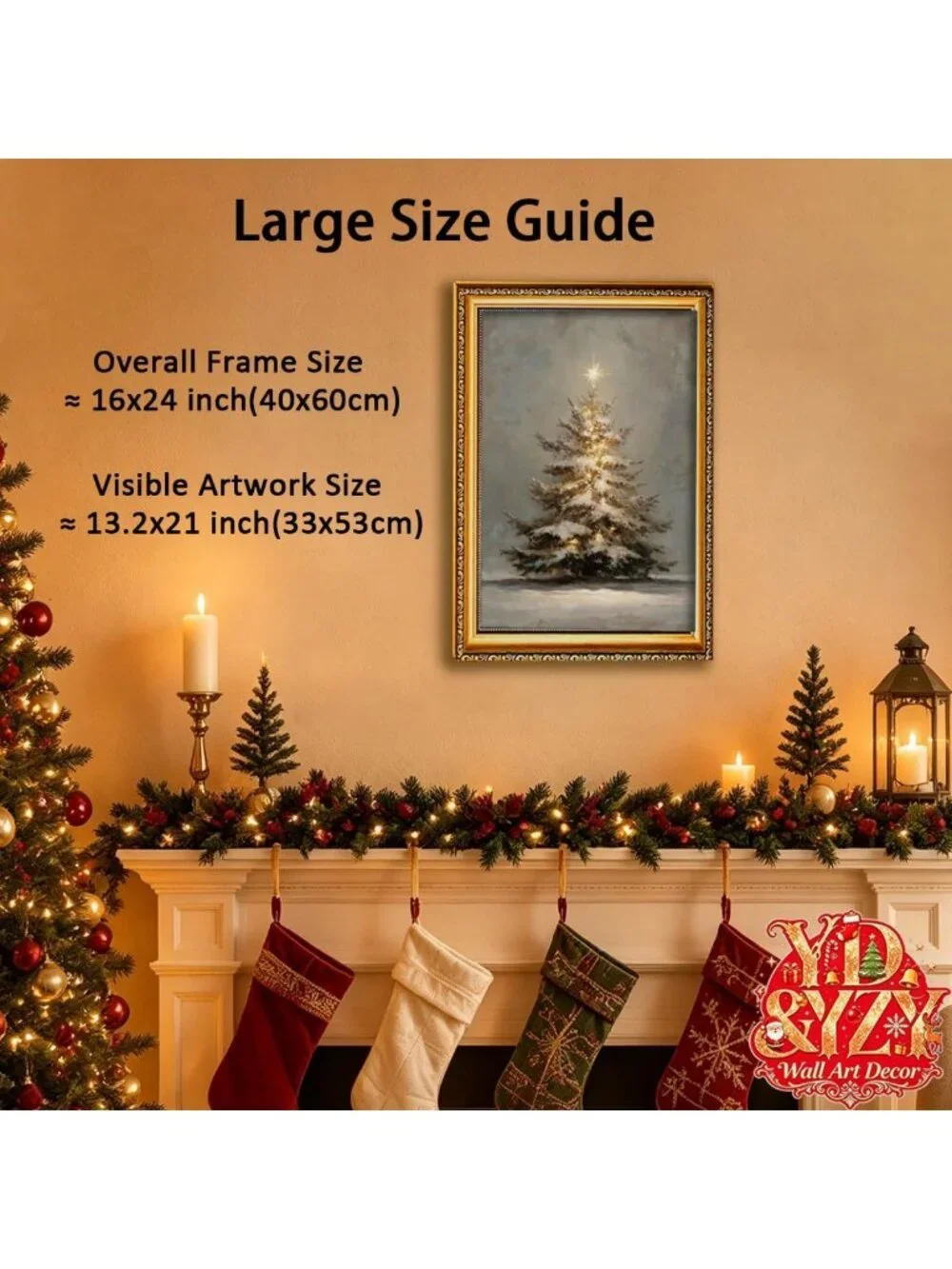 Vintage Snowy Christmas Tree Wall Art, 16x24 Inch Gold Framed Decor